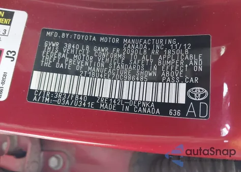 2013 Toyota Corolla Le from USA, damaged, VIN 2T1BU4EE7DC986485